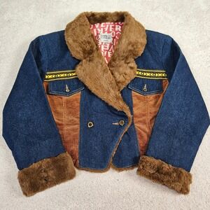 Y2K Enrico Coveri Women's Faux Fur Denim Indie Jacket M Cropped 2000's Statement